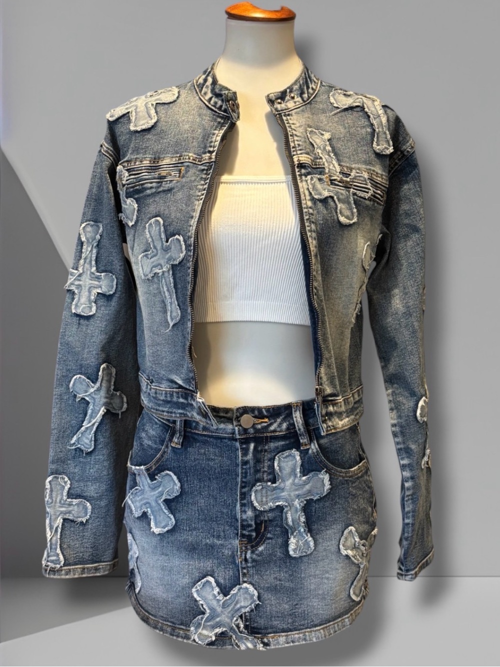 EDGE Distressed Denim Cross Patch Jacket & Skirt Set with White Bralette M